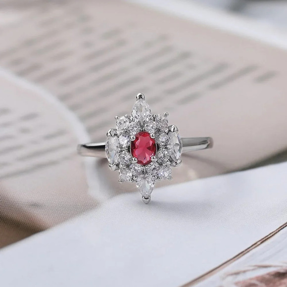 🔥LUXURY RUBY OLD MINE DIAMOND NOBLE SILVER SHINY FLOWER DAINTY RING, K920 - Picture 3 of 7